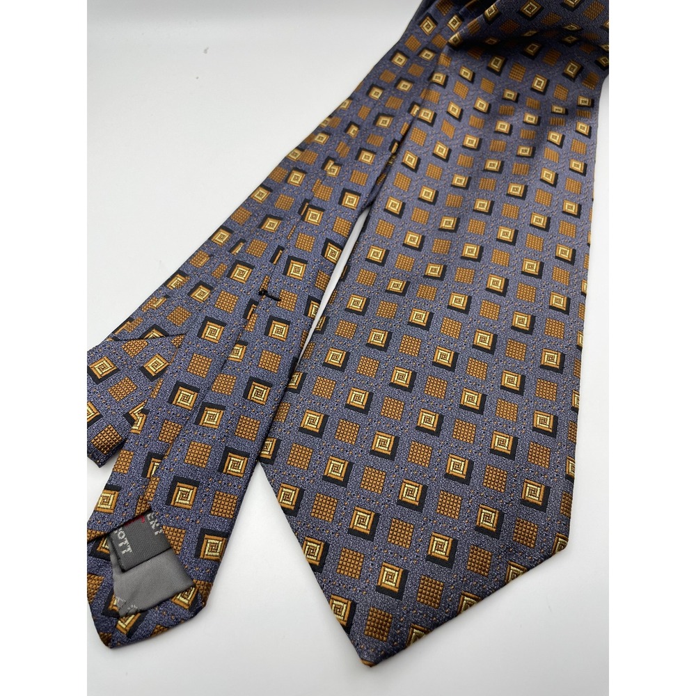 Robert Talbott Harrison Limited Silk Tie Blue Gold Geometric Squares Hand Sewn